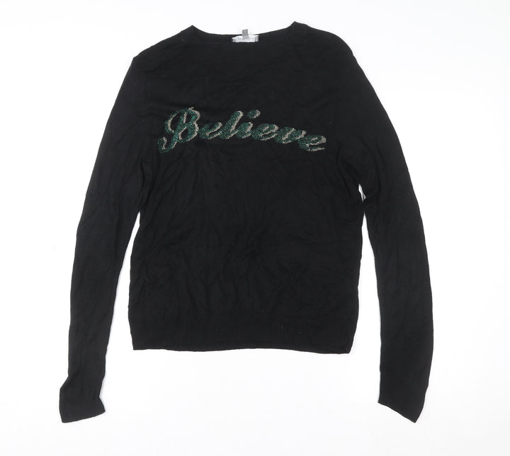 Principles Womens Black Long Sleeve Believe Sequin Knit Jumper Size 10