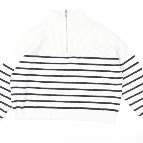 MNG Women White Striped 1/2 Zip Mock Neck Pullover Sweater Size S
