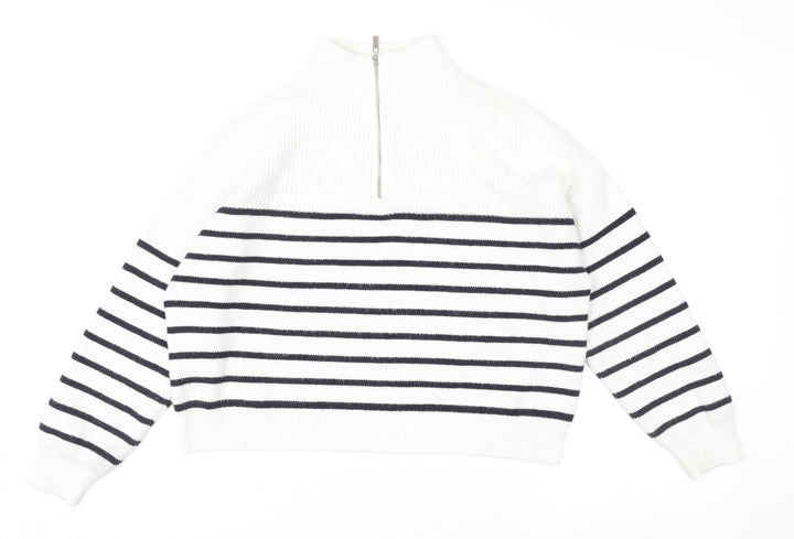 MNG Women White Striped 1/2 Zip Mock Neck Pullover Sweater Size S