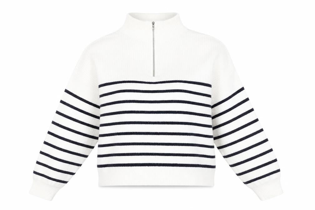 Front view of Mango Women White Striped 1/2 Zip Mock Neck Pullover Sweater, size S