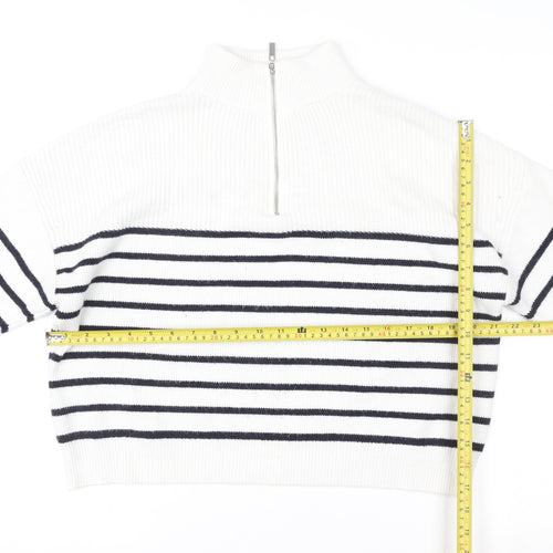 MNG Women White Striped 1/2 Zip Mock Neck Pullover Sweater Size S