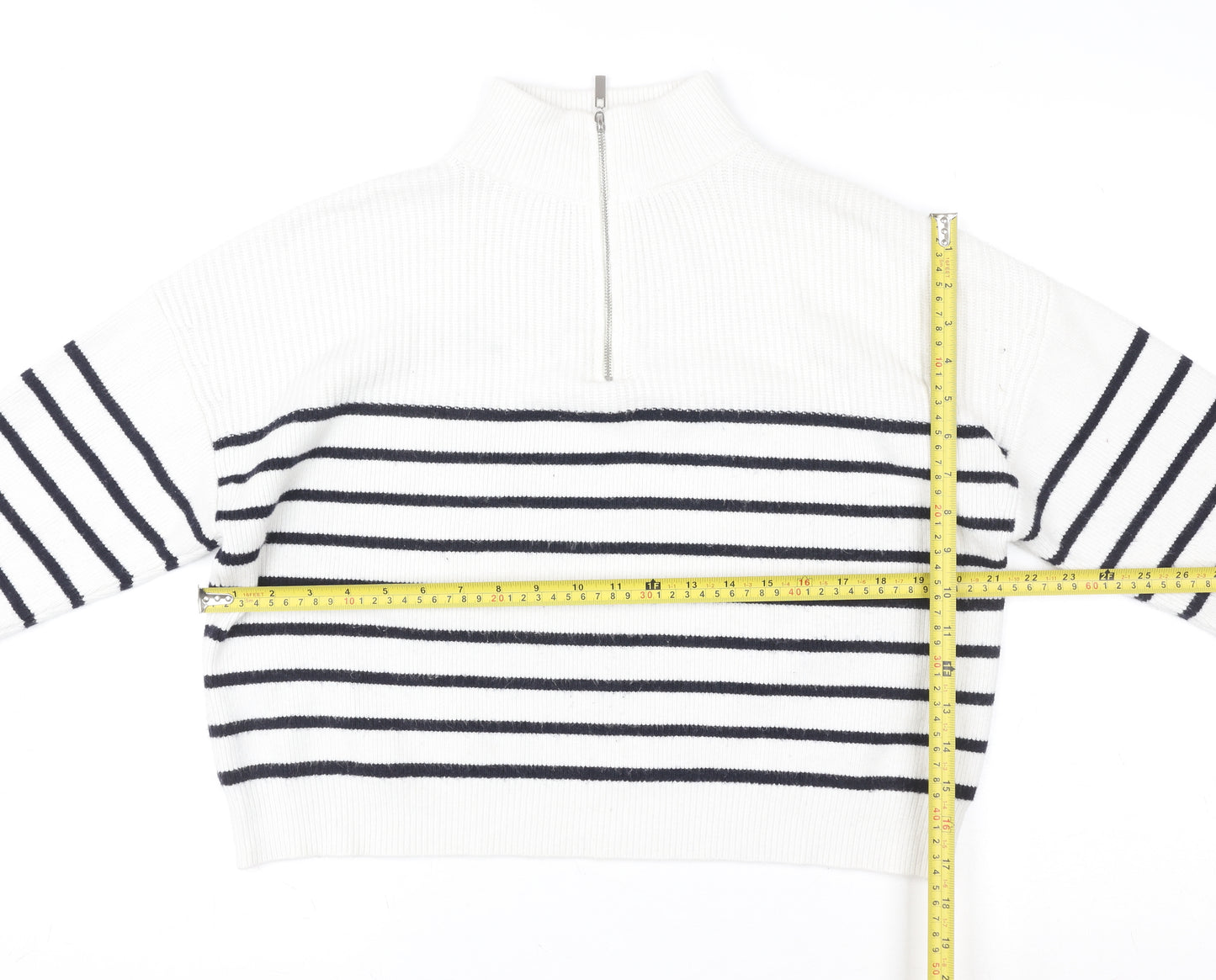 MNG Women White Striped 1/2 Zip Mock Neck Pullover Sweater Size S