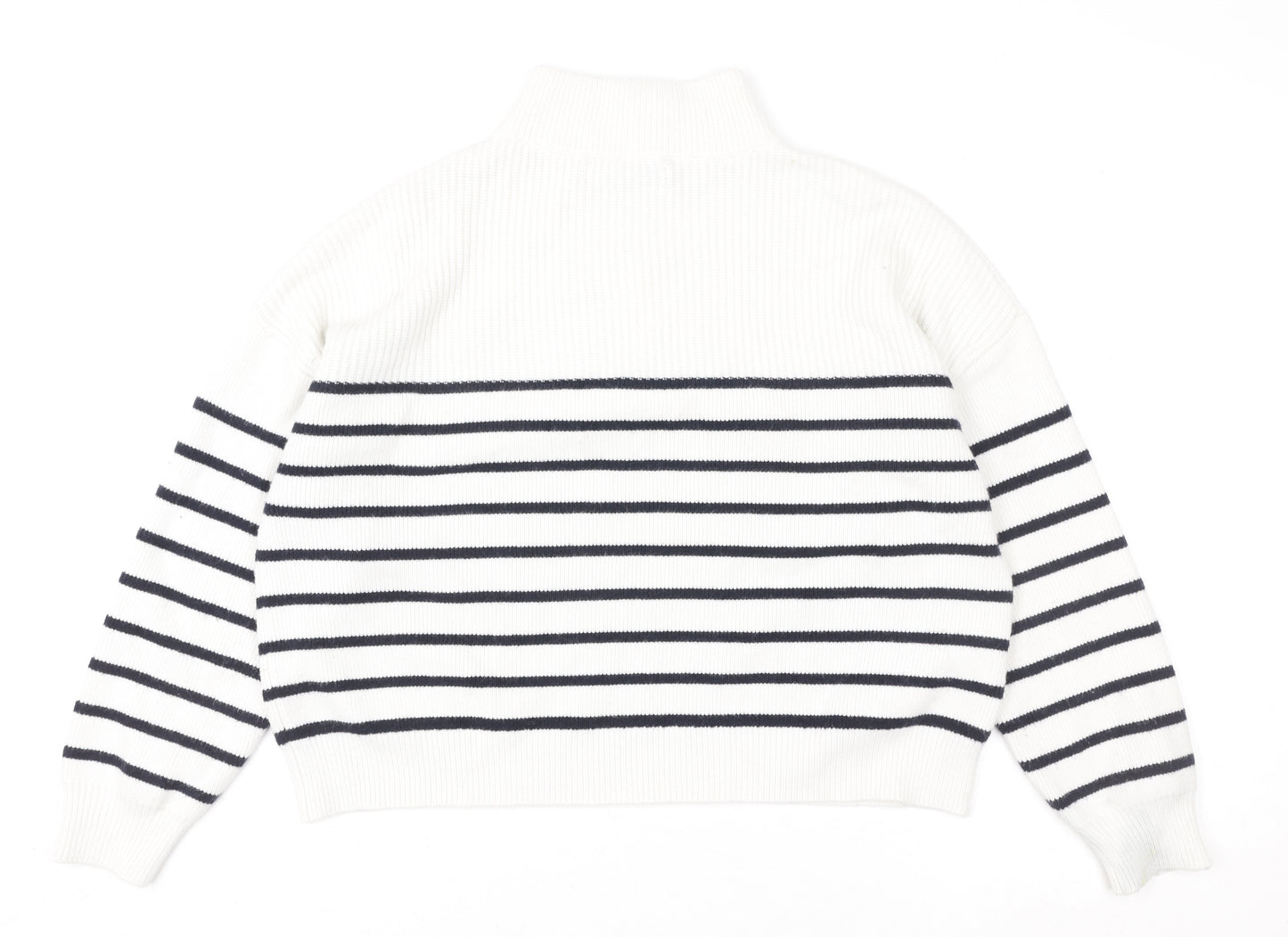 MNG Women White Striped 1/2 Zip Mock Neck Pullover Sweater Size S