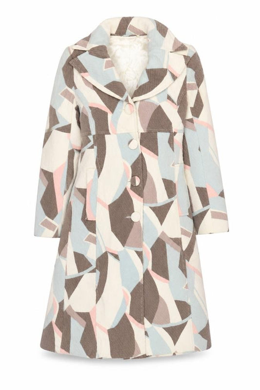 Front view of Coast Women’s Multicoloured Long Geometric Button Coat, size UK 8