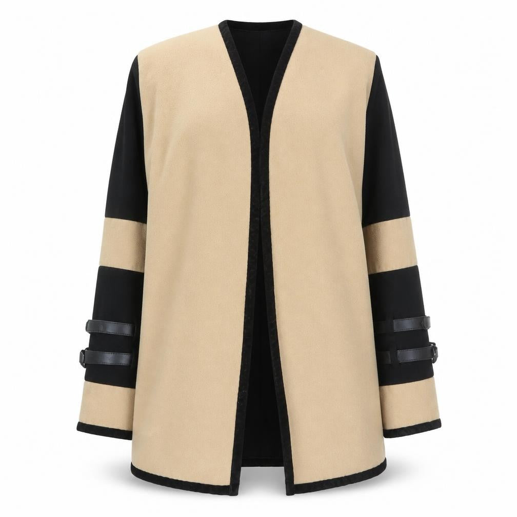 Front view of Absolutely Faith women’s beige black belted mid-length coat m