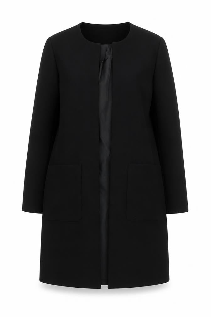 Front view of H&M women’s black long overcoat, size UK 8, regular fit lined classic style