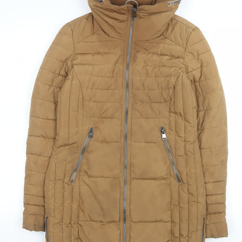 Next Women’s Brown Long Puffer Coat Size 8 Quilted Zip Winter Jacket