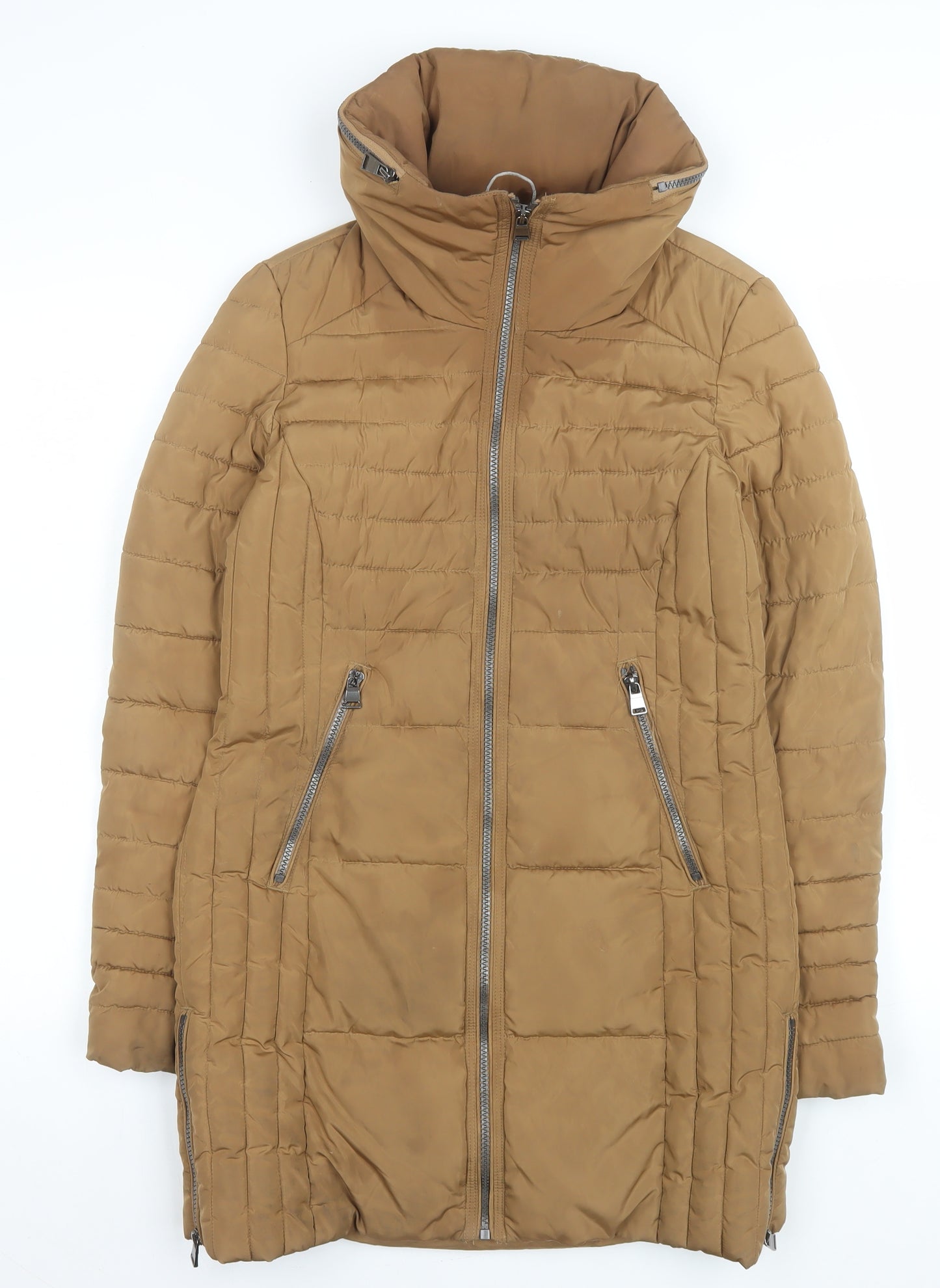 Next Women’s Brown Long Puffer Coat Size 8 Quilted Zip Winter Jacket