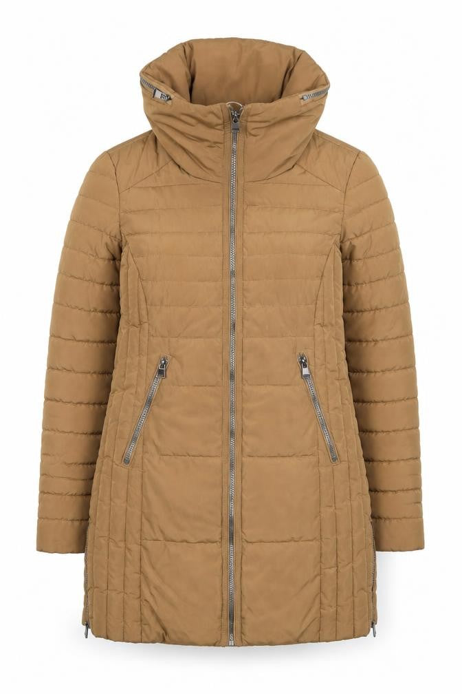 Front view of Next Women’s Brown Long Puffer Coat, size UK 8, Quilted Zip Winter Jacket