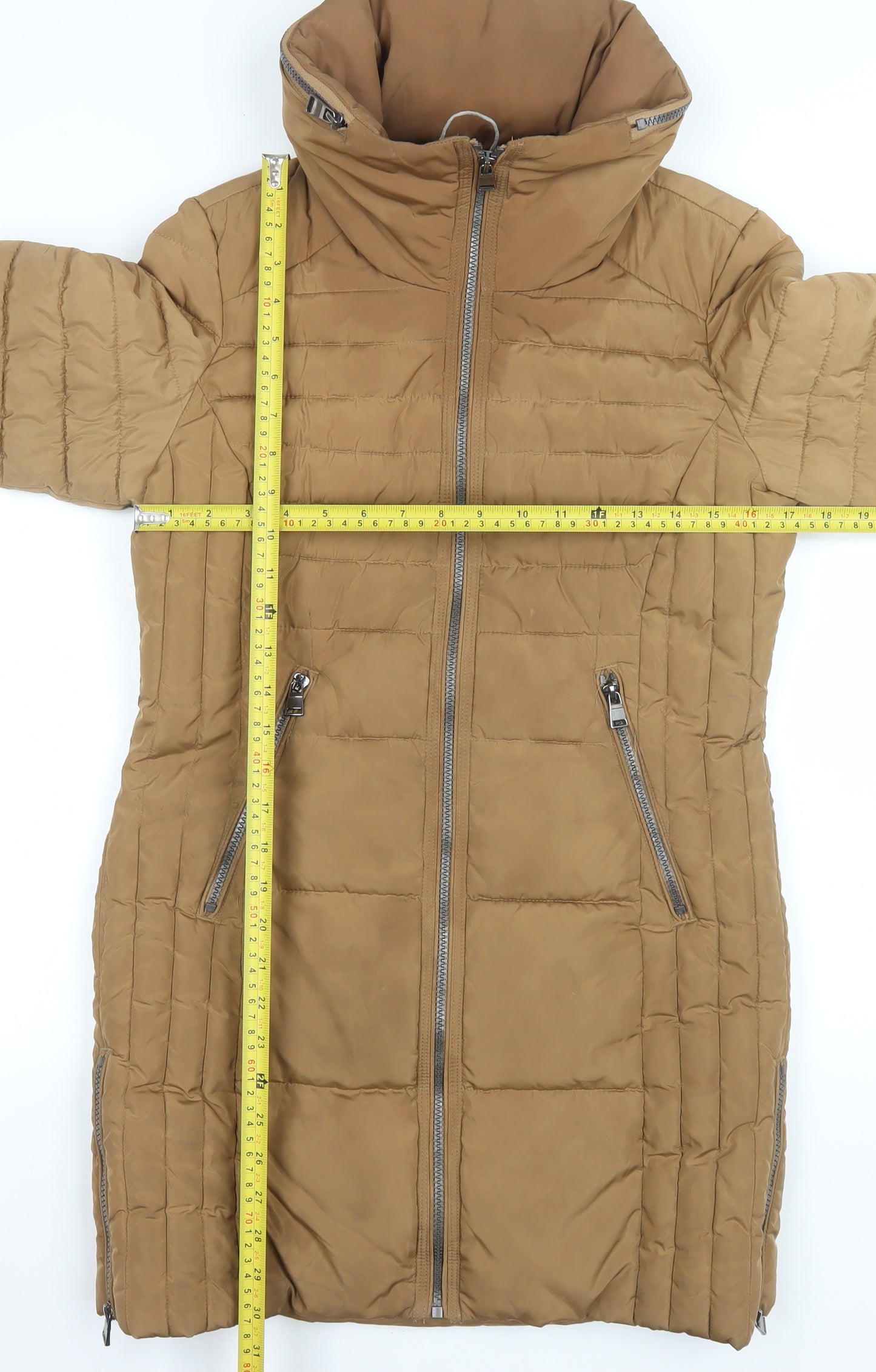 Next Women’s Brown Long Puffer Coat Size 8 Quilted Zip Winter Jacket