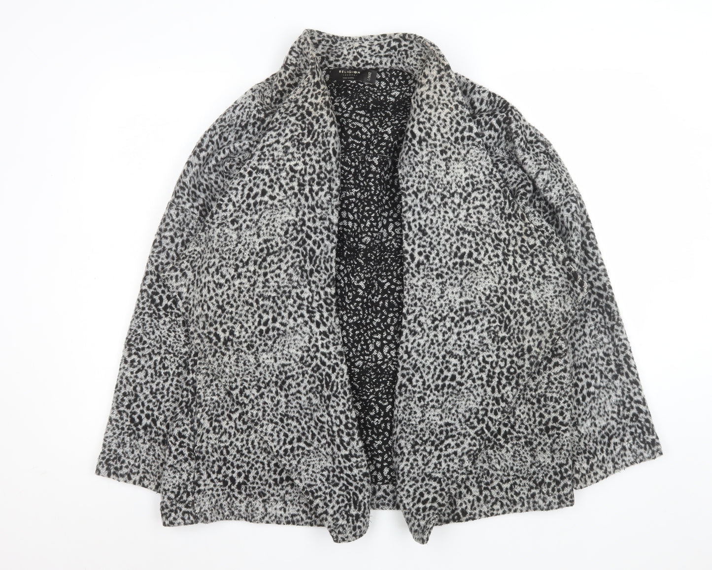 Religion Women Grey Animal Print Coatigan L Long Sleeve Open Front