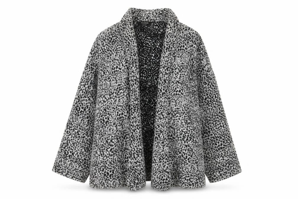 Religion Women Grey Animal Print Coatigan L Long Sleeve Open Front