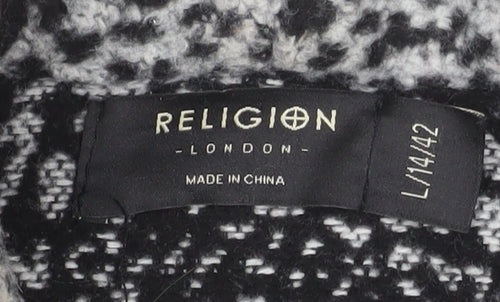 Religion Women Grey Animal Print Coatigan L Long Sleeve Open Front