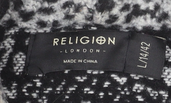 Religion Women Grey Animal Print Coatigan L Long Sleeve Open Front