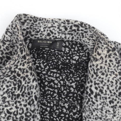 Religion Women Grey Animal Print Coatigan L Long Sleeve Open Front