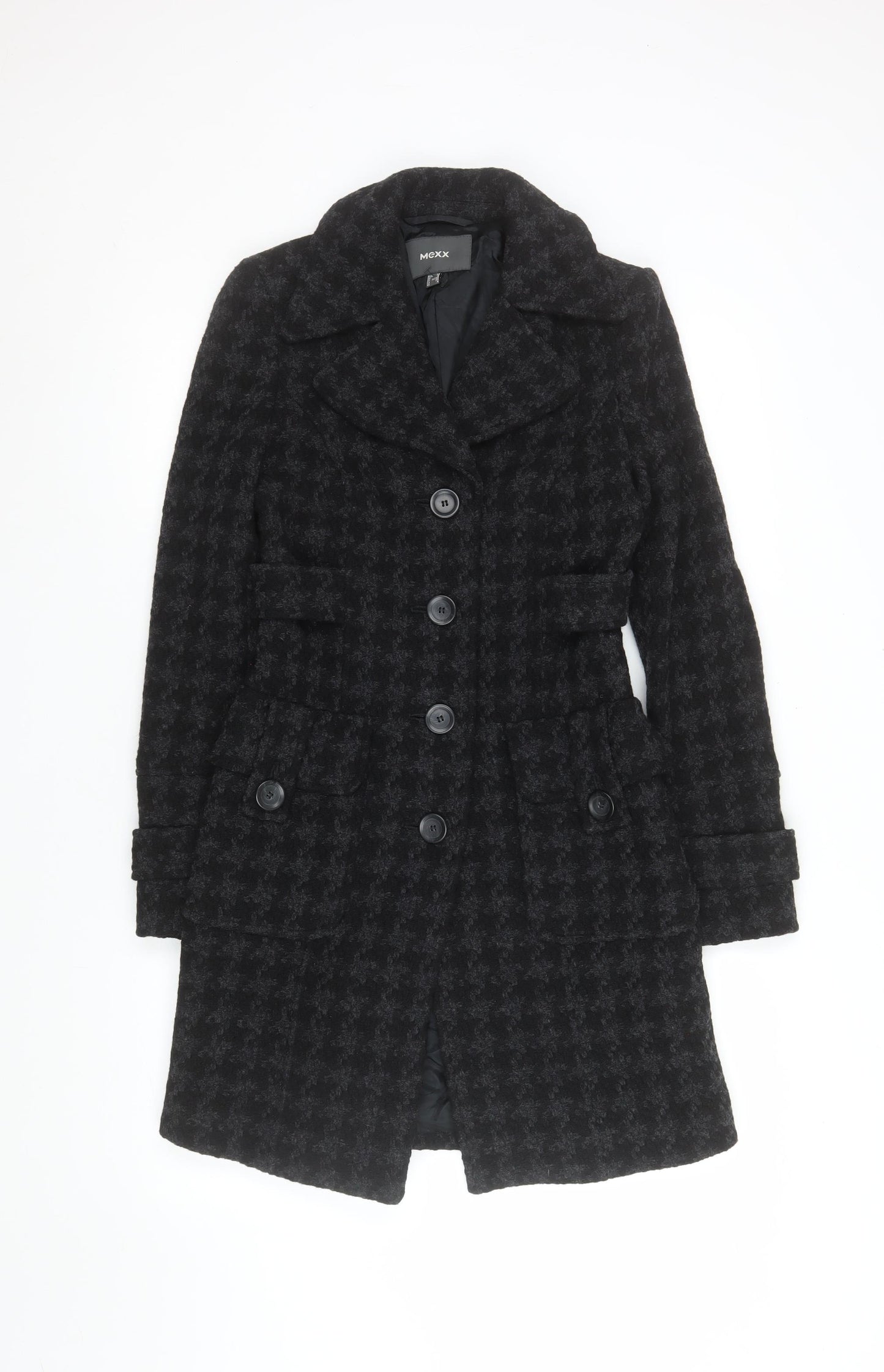 Mexx Womens Black Houndstooth Wool Blend Mid-Length Coat Size 8
