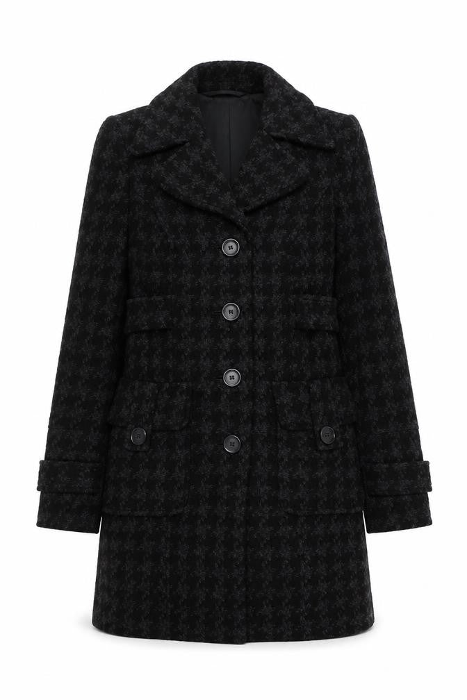 Front view of Mexx women’s black houndstooth wool blend mid-length coat, size UK 8
