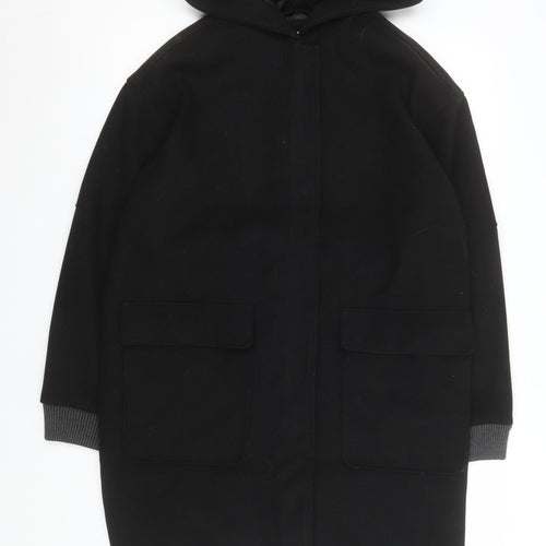 Topshop Unisex Black Long Hooded Polyester Overcoat Size 34