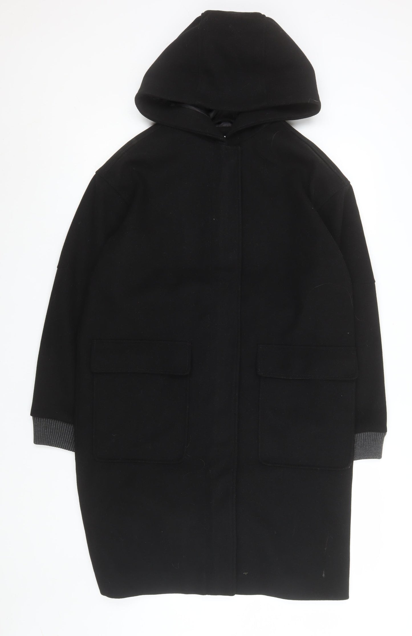 Topshop Unisex Black Long Hooded Polyester Overcoat Size 34