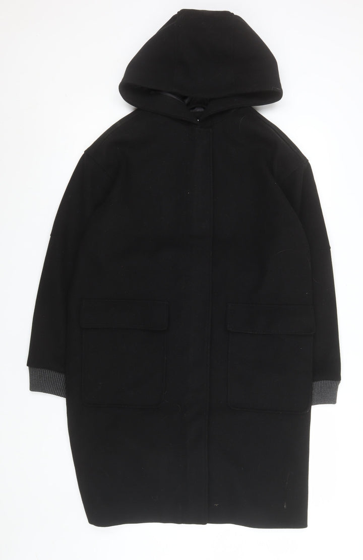 Topshop Unisex Black Long Hooded Polyester Overcoat Size 34