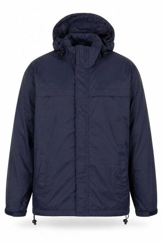 Front view of Project Basic Men's Blue Hooded Windbreaker Jacket, size M