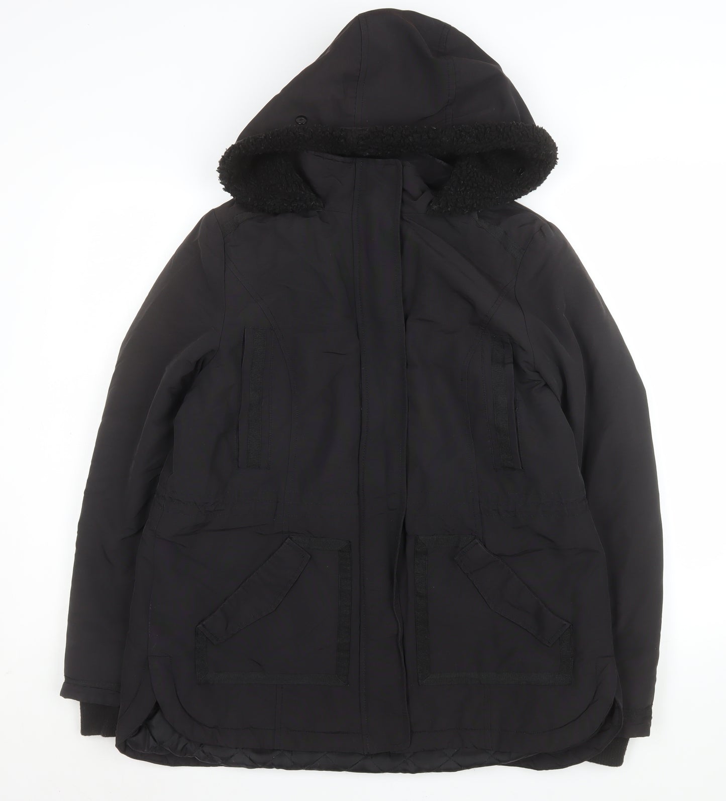 Monsoon Women's Black Hooded Parka Coat Size 42 Lined Winter Jacket