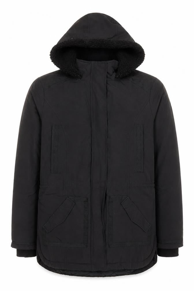 Front view of Monsoon Women's Black Hooded Parka Coat, size 42, Lined Winter Jacket