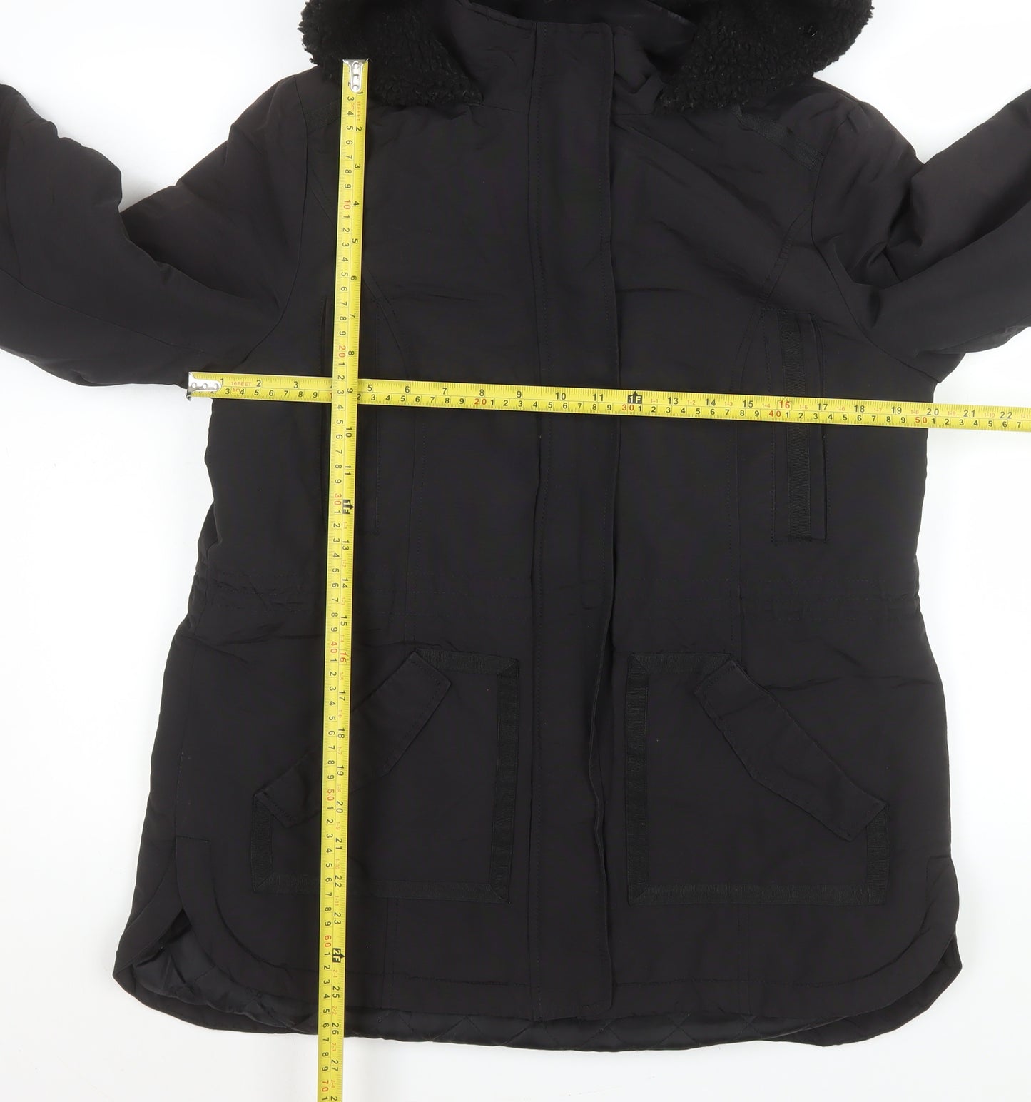 Monsoon Women's Black Hooded Parka Coat Size 42 Lined Winter Jacket