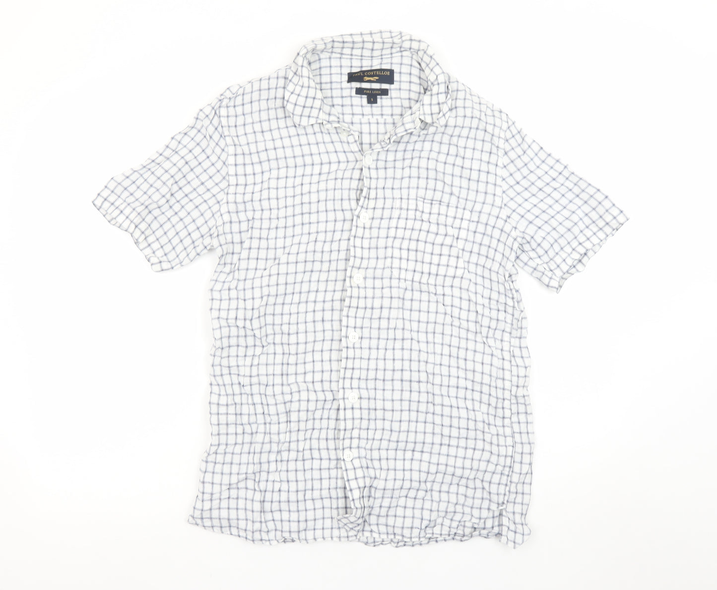 Paul Costelloe Men’s White Check Linen Short Sleeve Button-Up Shirt S