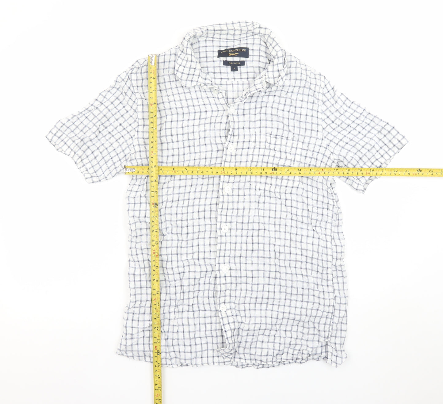 Paul Costelloe Men’s White Check Linen Short Sleeve Button-Up Shirt S