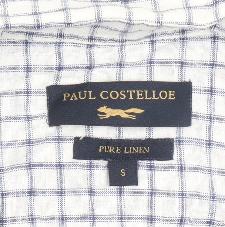 Paul Costelloe Men’s White Check Linen Short Sleeve Button-Up Shirt S