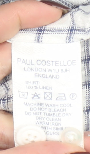 Paul Costelloe Men’s White Check Linen Short Sleeve Button-Up Shirt S