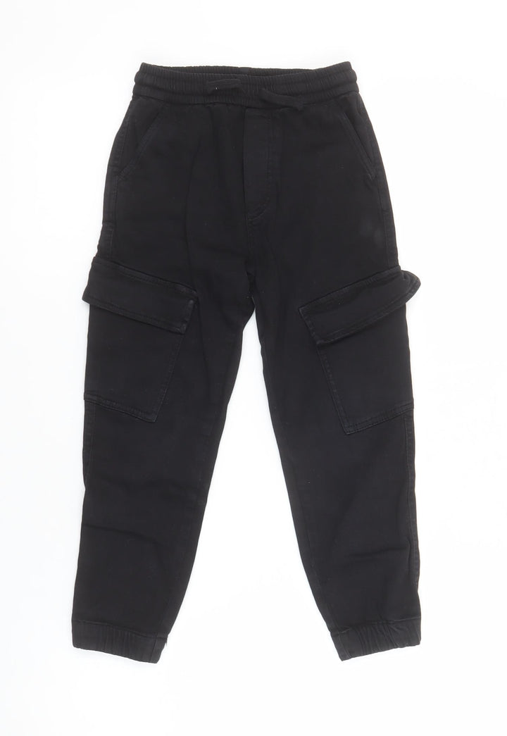 Zara Boys Black Cargo Trousers 7 Years Elastic Waist Cotton Twill