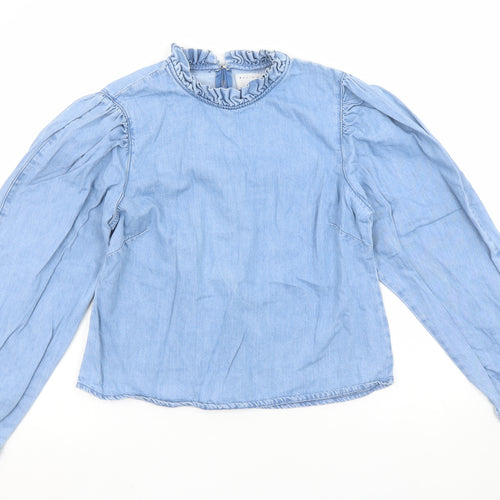 Denim Co. Girls Blue Cotton Ruffle High Neck Long Sleeve Blouse Size 12 Years