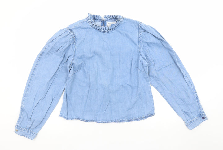 Denim Co. Girls Blue Cotton Ruffle High Neck Long Sleeve Blouse Size 12 Years