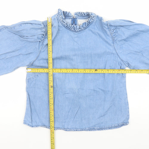 Denim Co. Girls Blue Cotton Ruffle High Neck Long Sleeve Blouse Size 12 Years