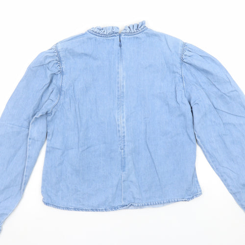Denim Co. Girls Blue Cotton Ruffle High Neck Long Sleeve Blouse Size 12 Years