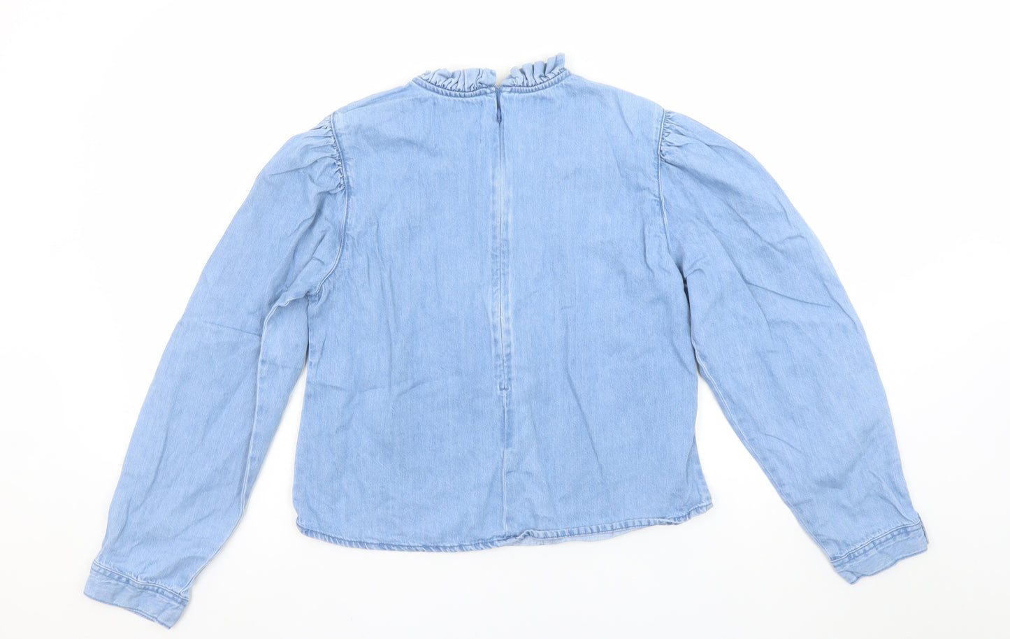 Denim Co. Girls Blue Cotton Ruffle High Neck Long Sleeve Blouse Size 12 Years