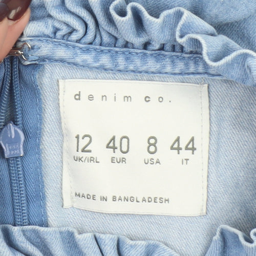 Denim Co. Girls Blue Cotton Ruffle High Neck Long Sleeve Blouse Size 12 Years