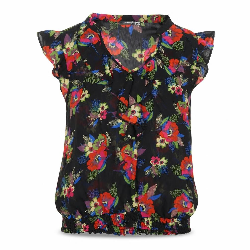 Front view of Atmosphere Women's Black Floral Ruffle Blouse, size 10, Polyester