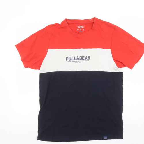 Pull & Bear Men’s Multicoloured Colourblock Cotton T-Shirt M Crew Neck