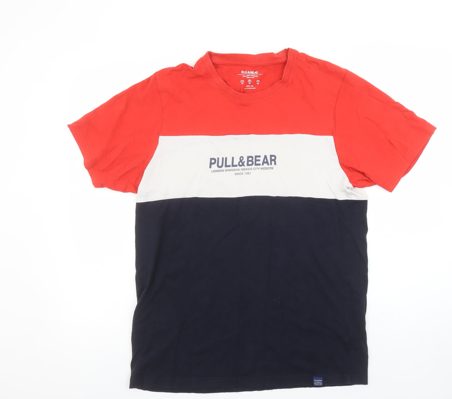 Pull & Bear Men’s Multicoloured Colourblock Cotton T-Shirt M Crew Neck