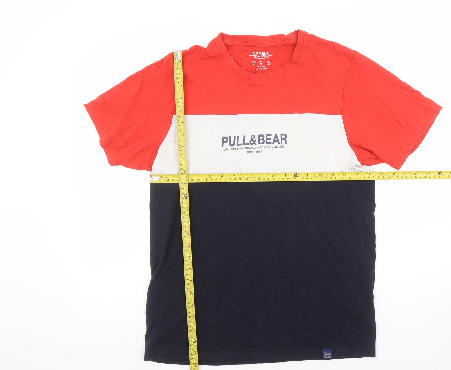 Pull & Bear Men’s Multicoloured Colourblock Cotton T-Shirt M Crew Neck