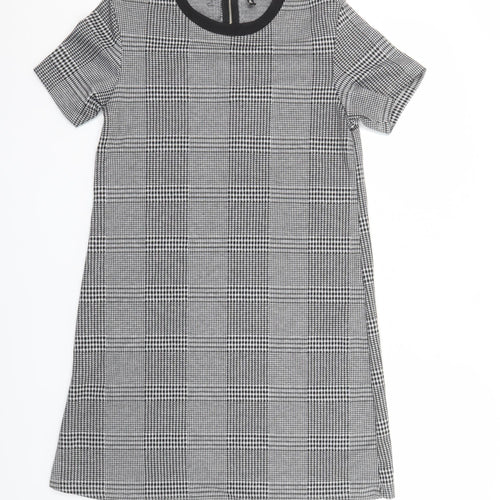 Stradivarius Women Grey Check Shift Dress Size 12 Short Sleeve Zip Back