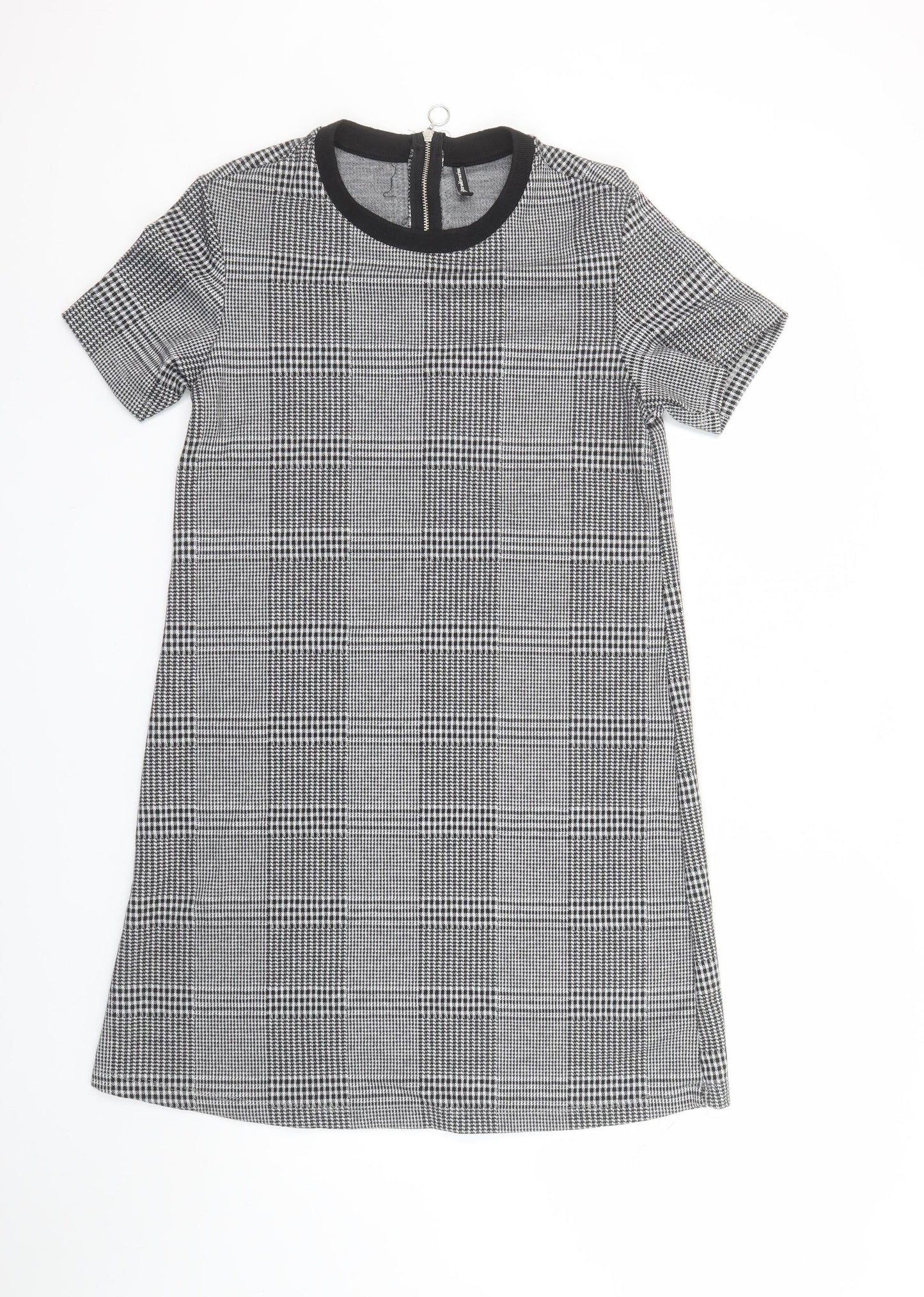 Stradivarius Women Grey Check Shift Dress Size 12 Short Sleeve Zip Back