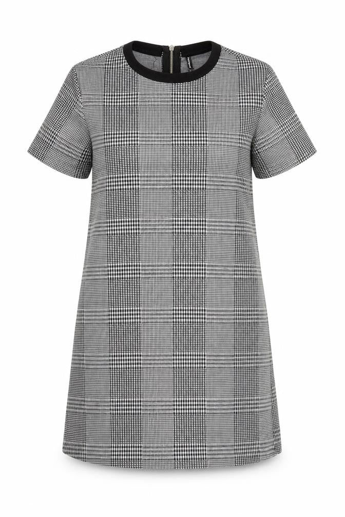 Front view of Stradivarius Women Grey Check Shift Dress, size 12, Short Sleeve Zip Back