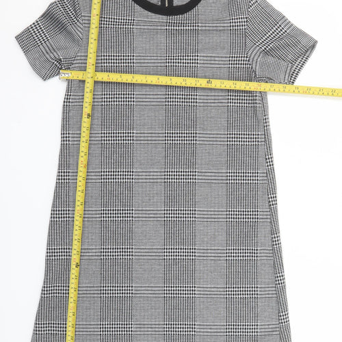 Stradivarius Women Grey Check Shift Dress Size 12 Short Sleeve Zip Back