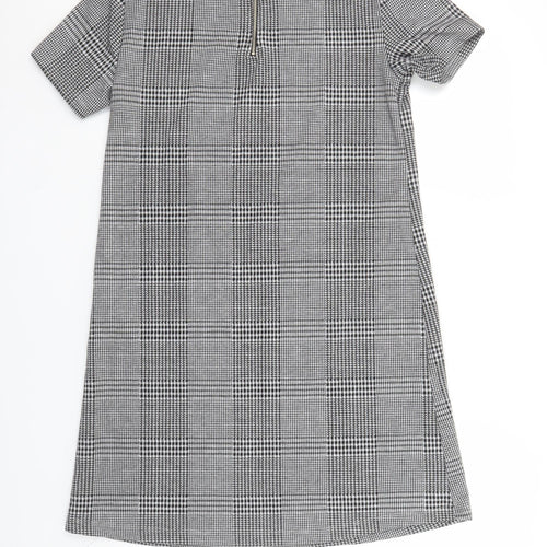 Stradivarius Women Grey Check Shift Dress Size 12 Short Sleeve Zip Back