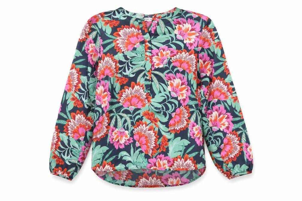 Front view of Gallery women’s multicoloured floral long sleeve tunic blouse, size UK 10