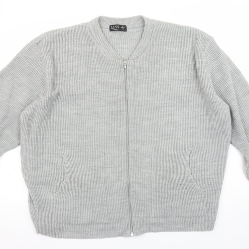 boohooMAN Men's Grey XL Full Zip Waffle Knit Cardigan Jumper